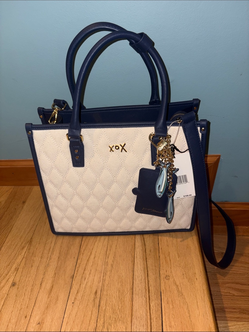 Betsey Johnson Cream Quilted Satchel with Navy Trim and Gold Hardware